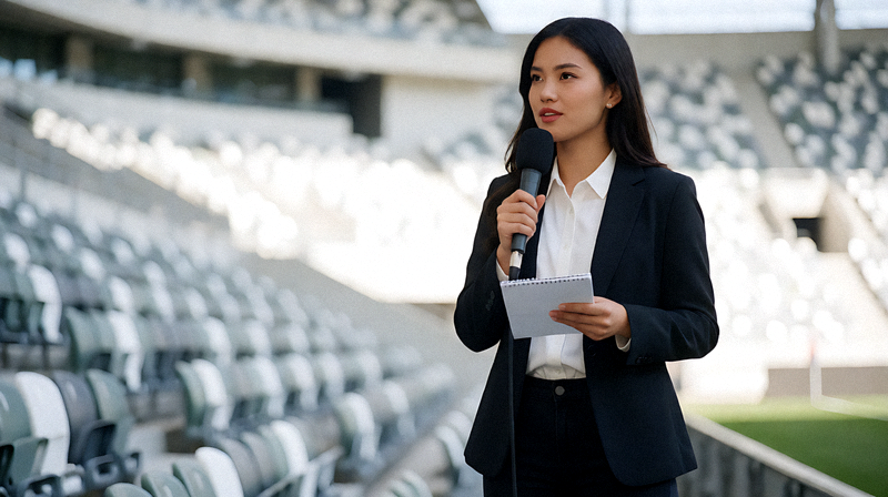 体育新闻发布现场,记者在赛场边进行赛事报道的画面